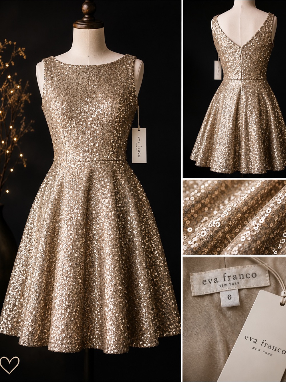 Eva Franco Sequin Cocktail Dress Size 6 – NEW $138 Tag – Metallic Champagne
